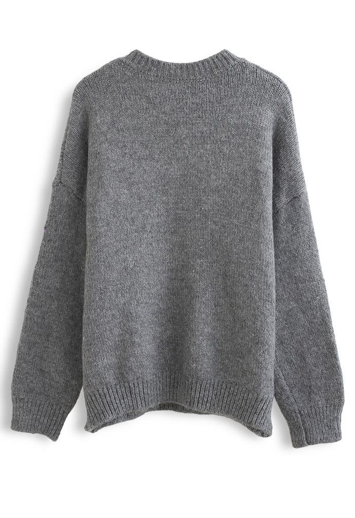 Crew Neck Floral Embroidered Knit Sweater in Grey