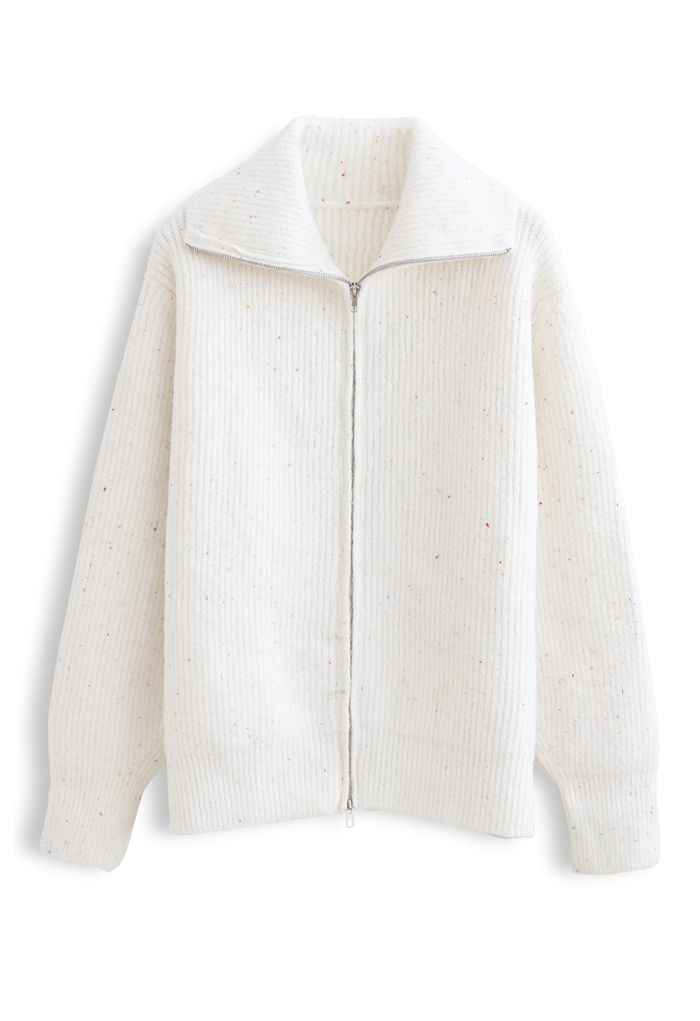 Full Zip Ribbed Knit Cardigan in Ivory