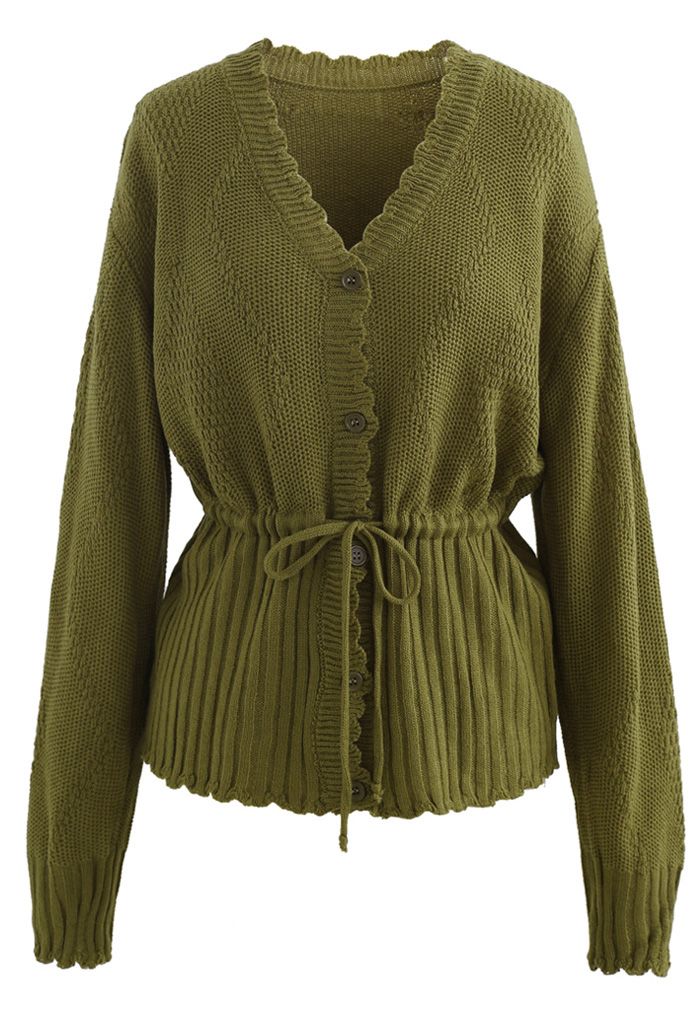 Drawstring V-Neck Button Down Knit Cardigan in Moss Green