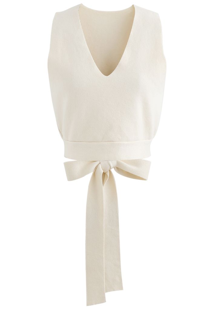Bowknot Back V-Neck Crop Knit Vest in Cream