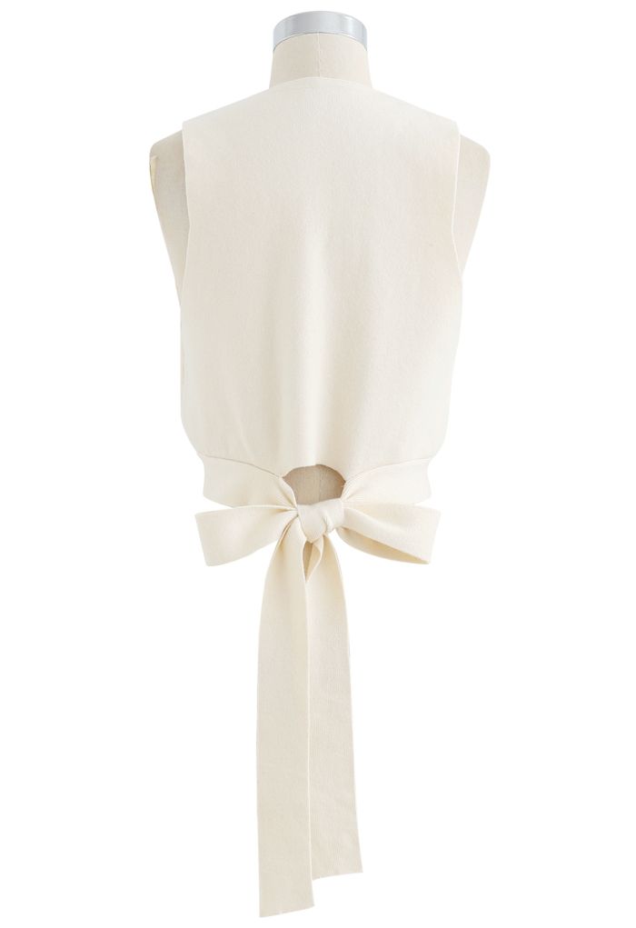 Bowknot Back V-Neck Crop Knit Vest in Cream