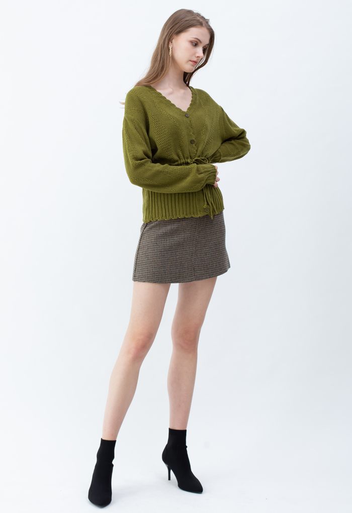 Drawstring V-Neck Button Down Knit Cardigan in Moss Green