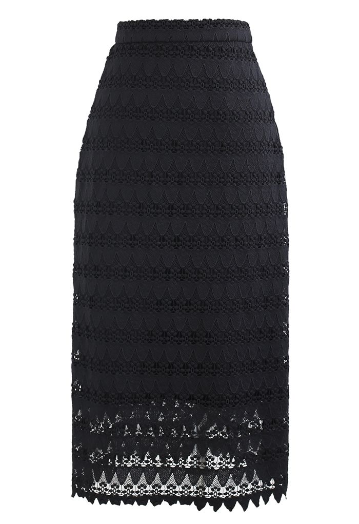 Scrolled Hem Full Crochet Pencil Skirt in Black