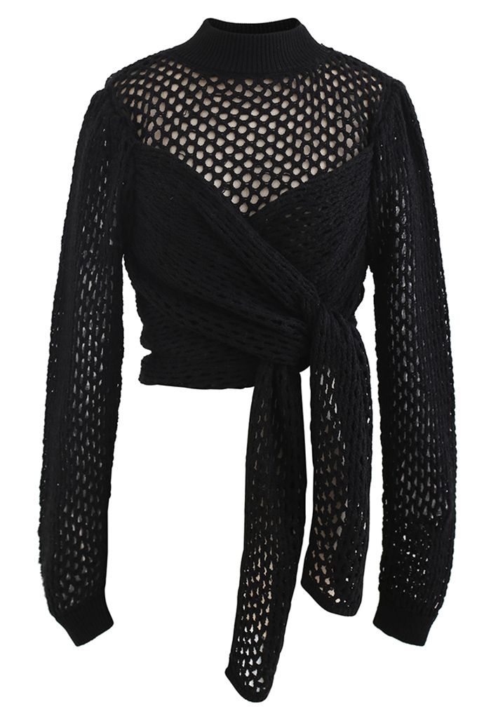 Hollow Out Wrap Bowknot Crop Sweater in Black