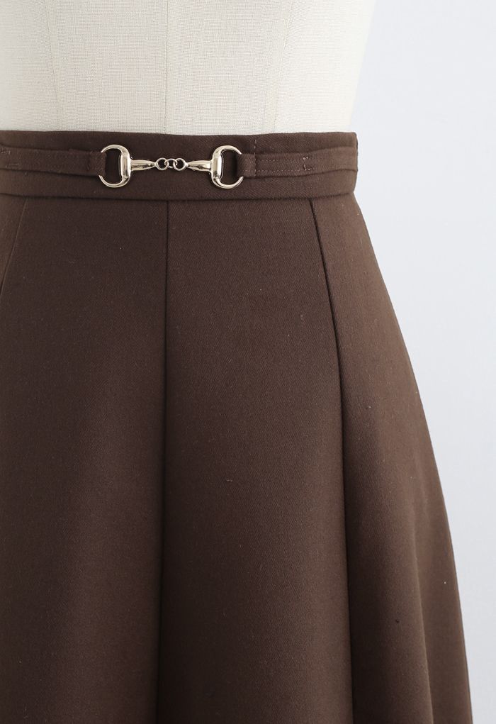 Horsebit Waist Seam Detail Flare Skirt in Brown