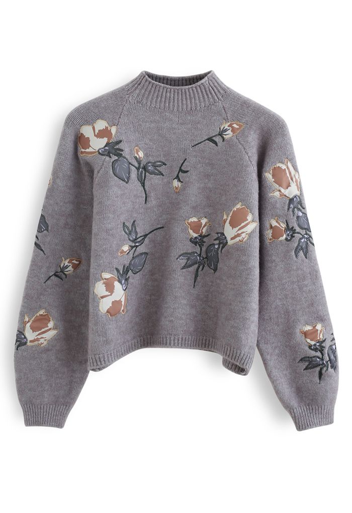 Digital Floral Print Embroidered Knit Sweater in Grey