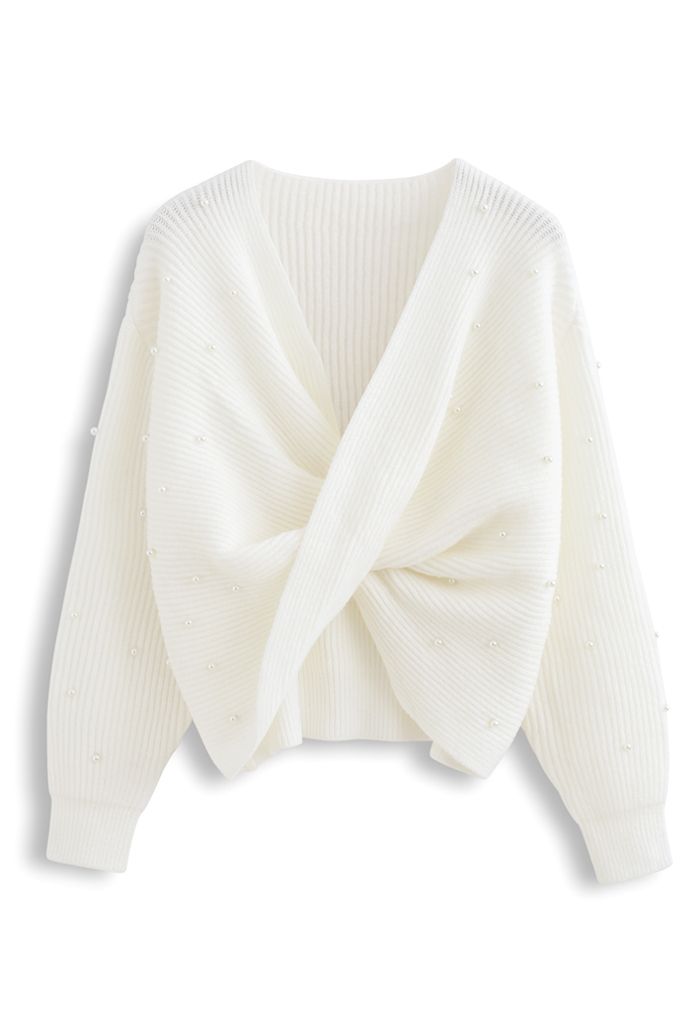 Twist Front Pearl Rib Knit Sweater in White
