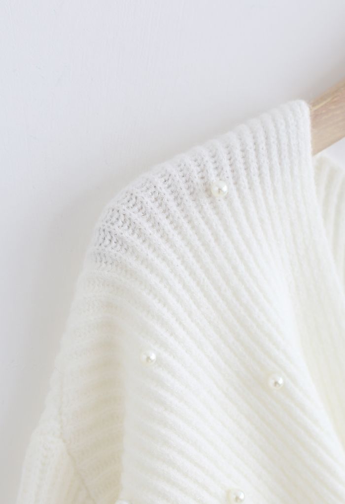 Twist Front Pearl Rib Knit Sweater in White