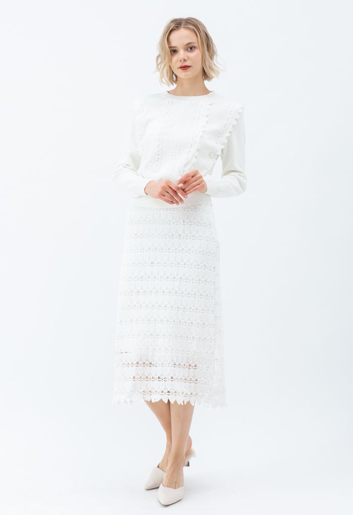 Scrolled Hem Full Crochet Pencil Skirt in White