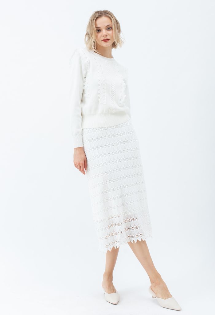 Crochet Front Ribbed Knit Sweater in White