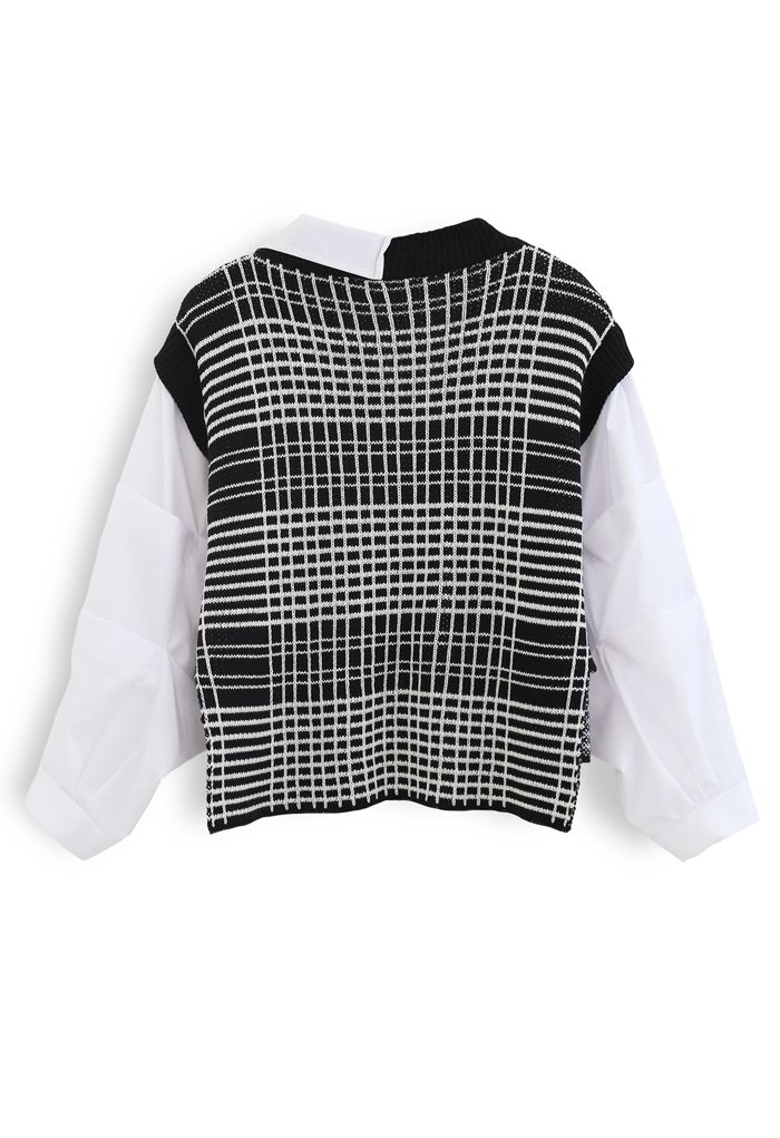 Bubble-Sleeve Splicing Hi-Lo Shirt Sweater in Black