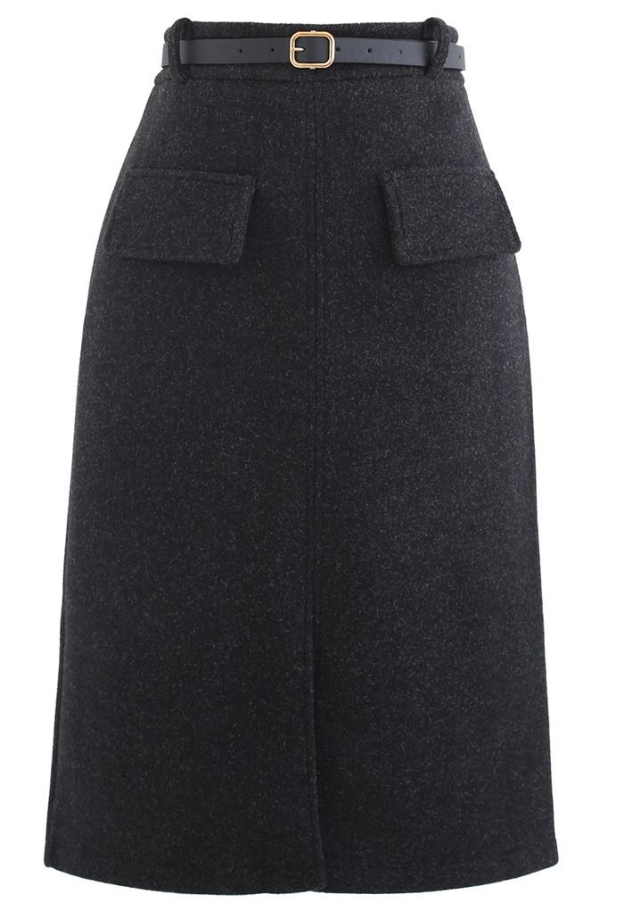 Belted Wool-Blend Split Skirt in Smoke