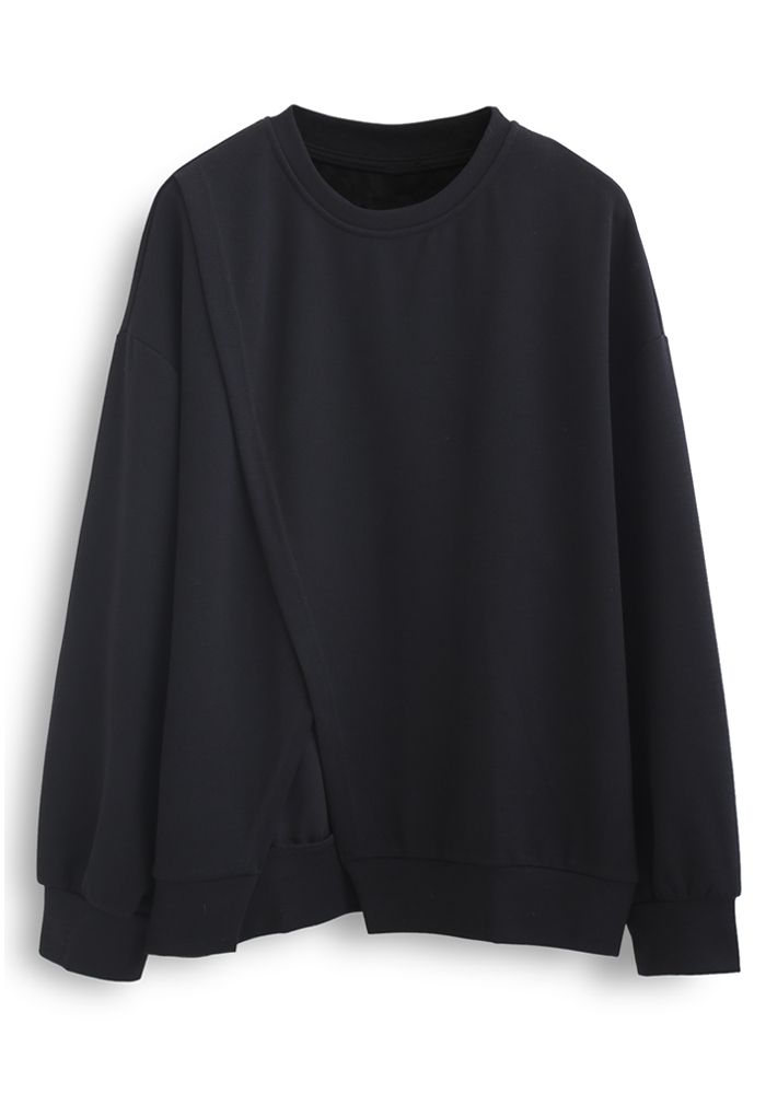 Cross Flap Front Oversized Sweatshirt in Black