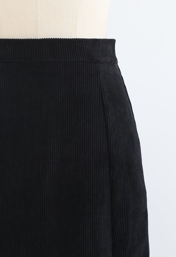 Front Split Corduroy Midi Skirt in Black