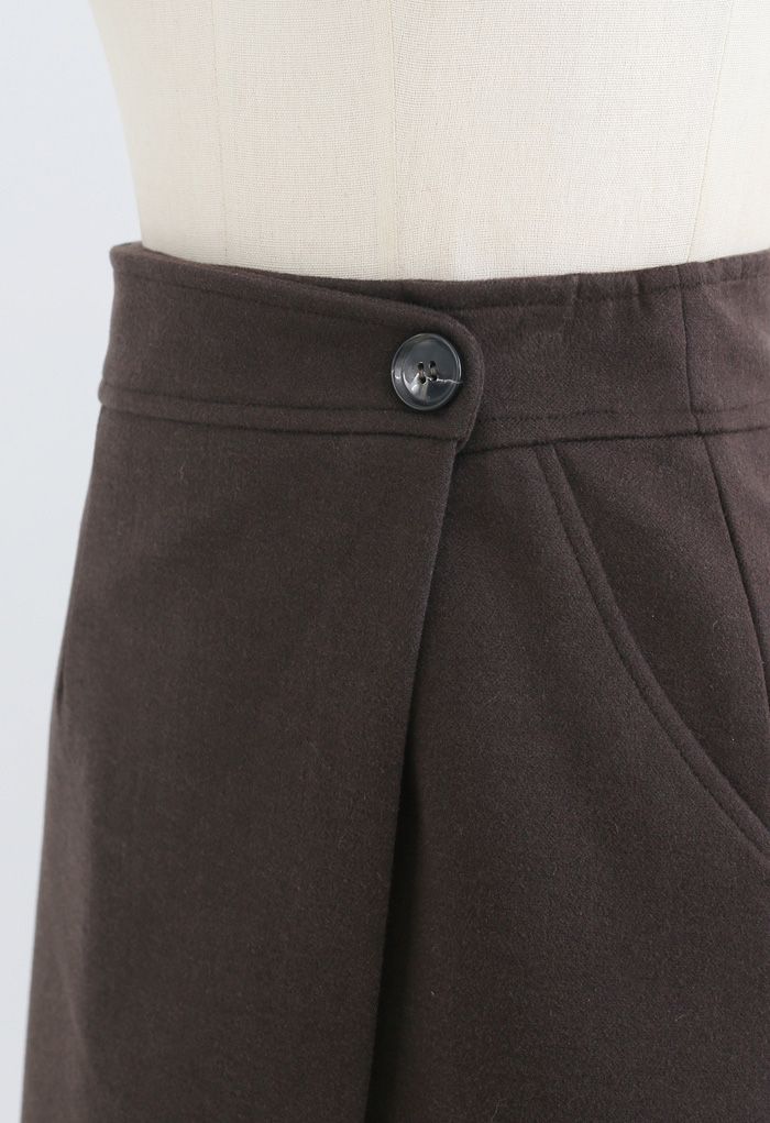 Flap Button Wool-Blend Mini Skirt in Brown