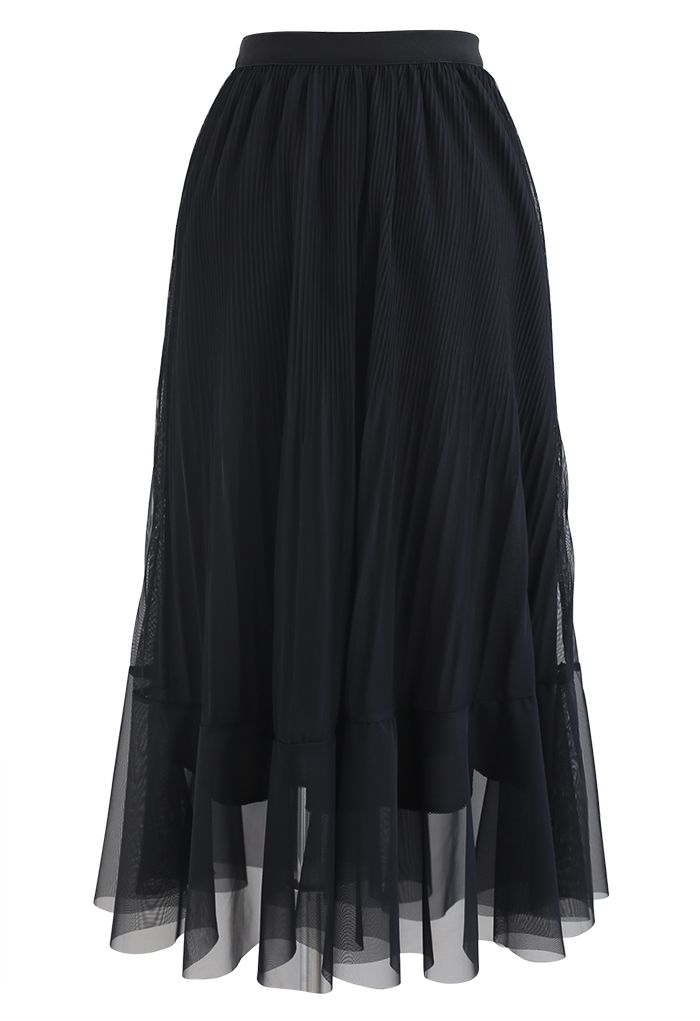 Lightsome Chiffon Pleated Midi Skirt in Black