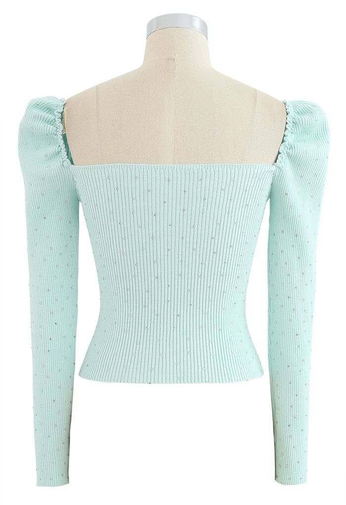 Flickering Square Neck Fitted Crop Knit Top in Mint
