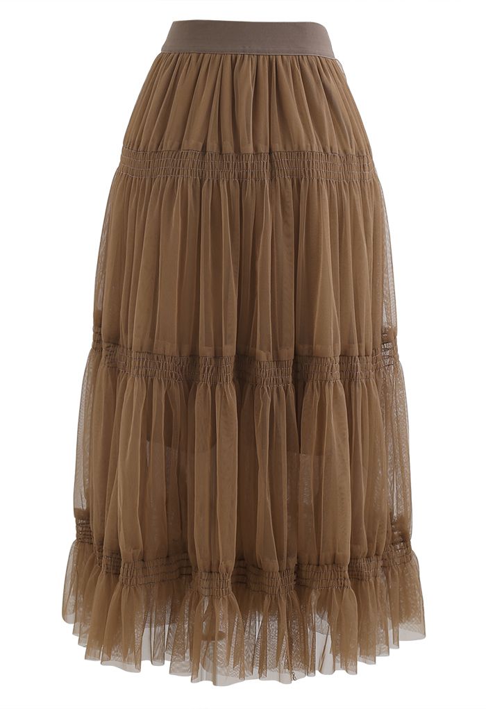 Shirred Elastic Double-Layered Mesh Skirt in Caramel