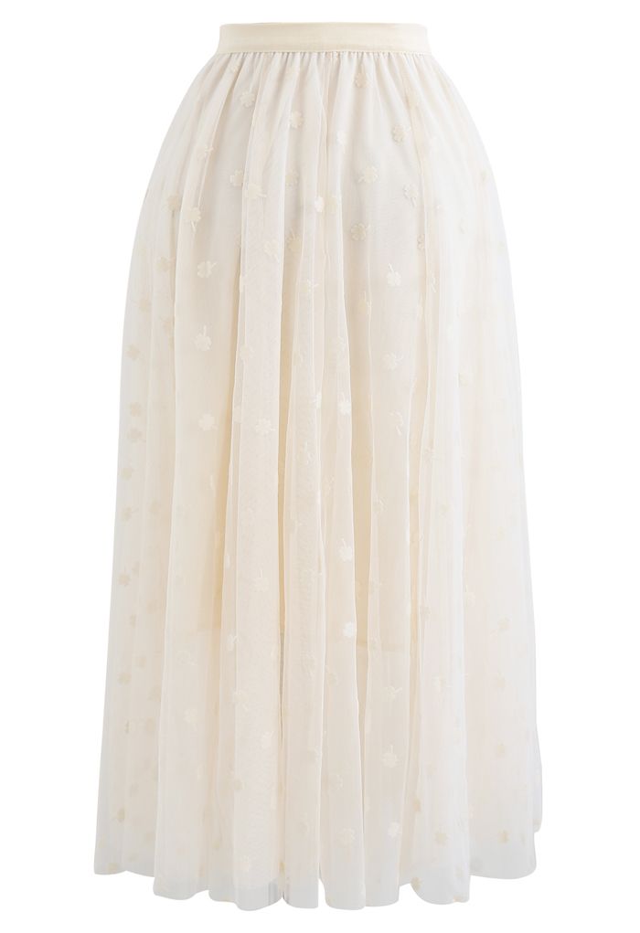 3D Clover Double-Layered Mesh Midi Skirt in Cream