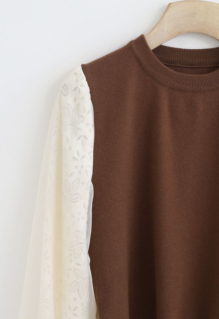 Floral Lace Mesh Sleeves Knit Top in Caramel