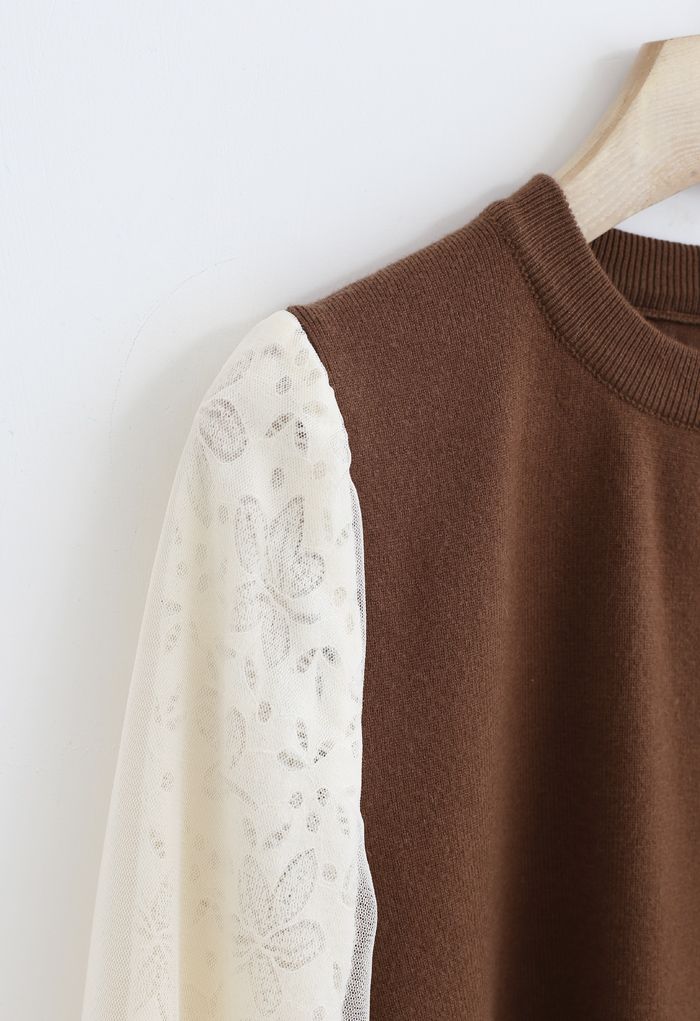 Floral Lace Mesh Sleeves Knit Top in Caramel