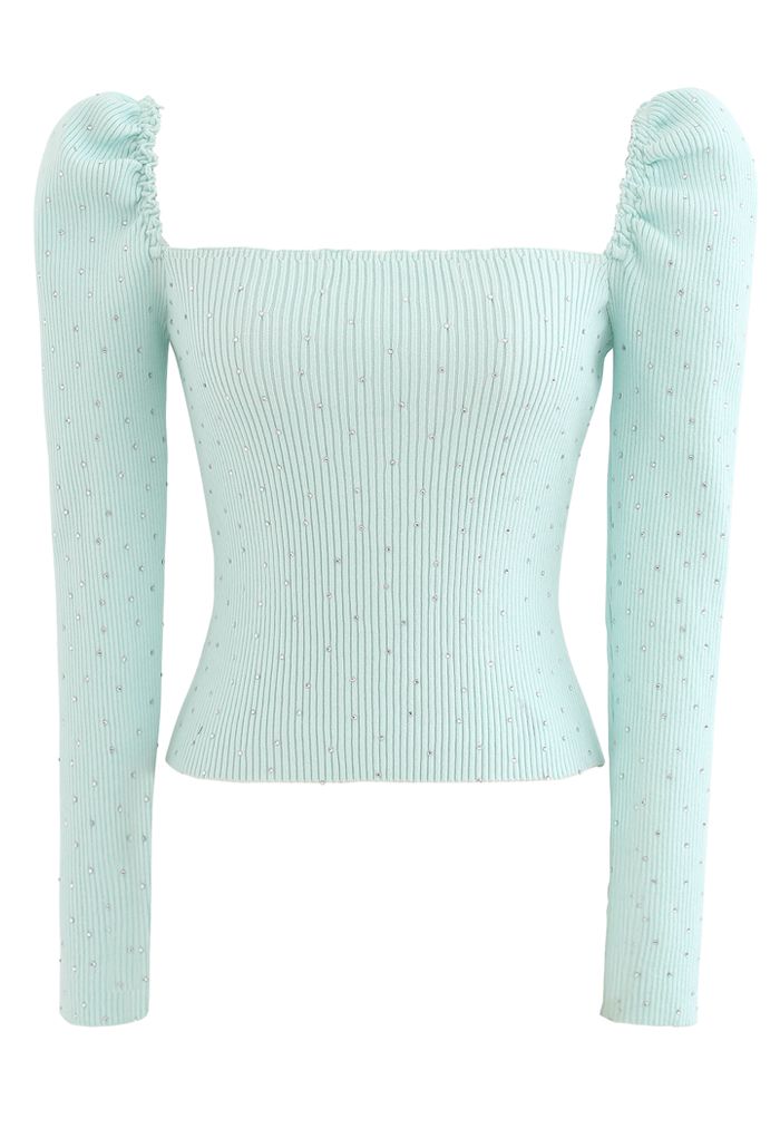 Flickering Square Neck Fitted Crop Knit Top in Mint