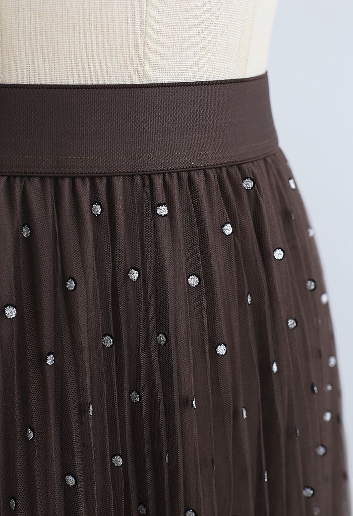 Glitter Dots Double-Layered Pleated Tulle Mesh Skirt in Brown