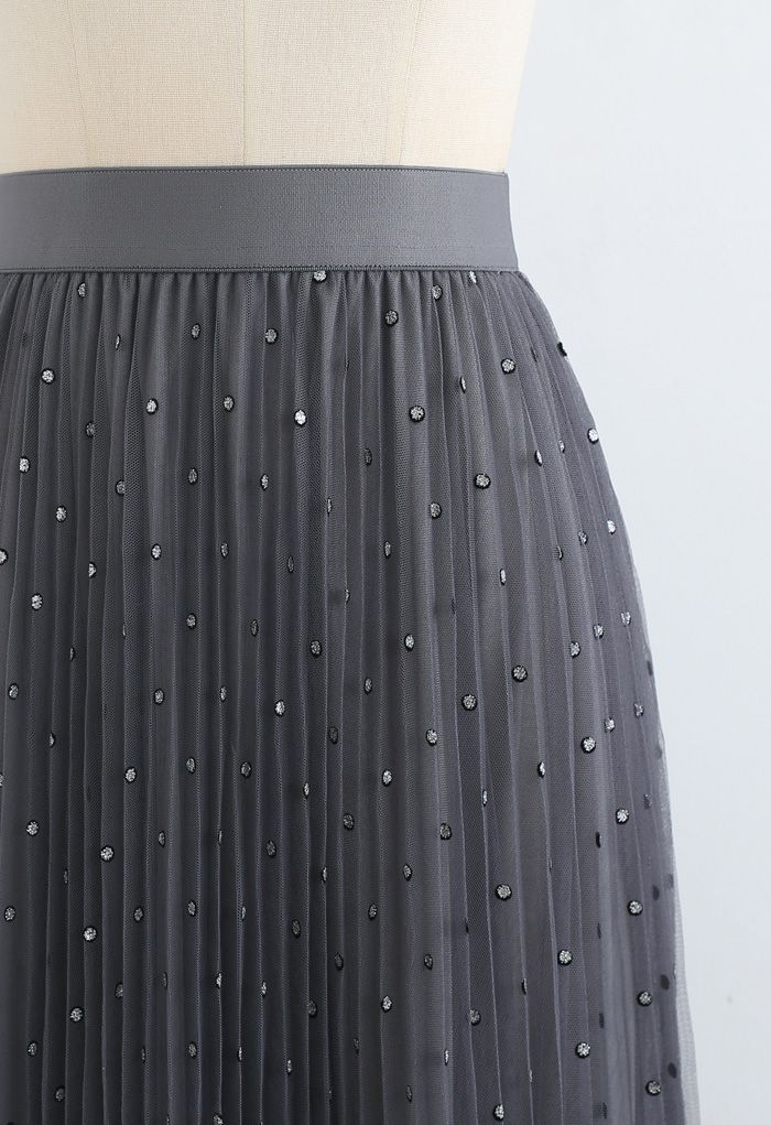 Glitter Dots Double-Layered Pleated Tulle Mesh Skirt in Smoke