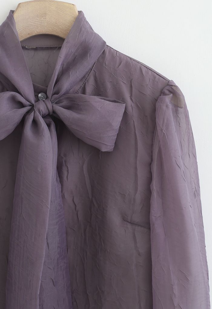Sheer Bowknot Button Down Shirt in Purple