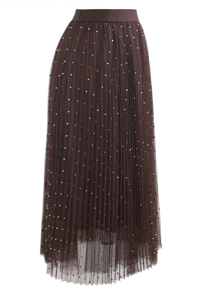 Glitter Dots Double-Layered Pleated Tulle Mesh Skirt in Brown
