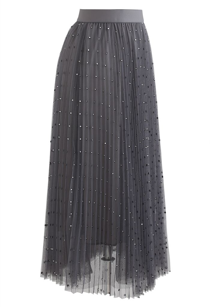 Glitter Dots Double-Layered Pleated Tulle Mesh Skirt in Smoke