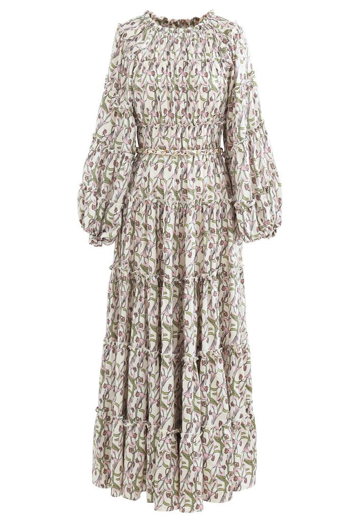 Calla Lily Print Puff Sleeves Chain Belted Maxi Dress