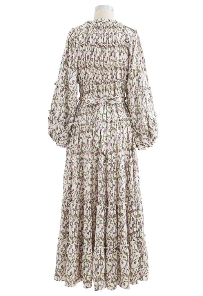 Calla Lily Print Puff Sleeves Chain Belted Maxi Dress