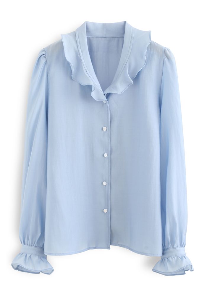 Semi-Sheer Ruffle Button Down Shirt in Blue