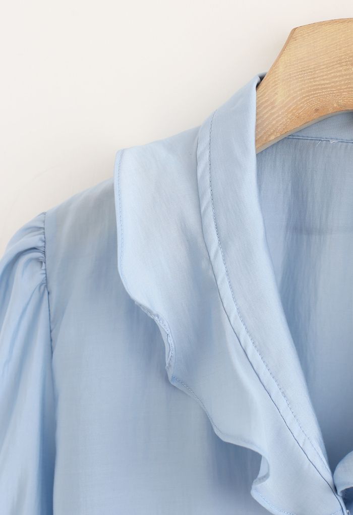 Semi-Sheer Ruffle Button Down Shirt in Blue