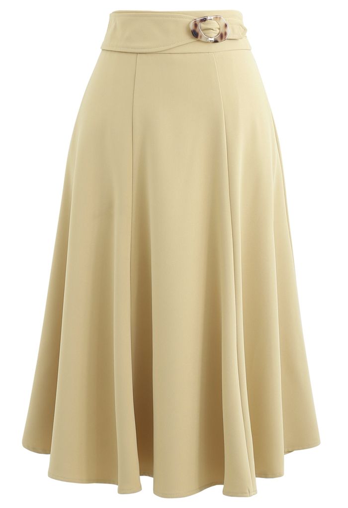 Marble Buckle Belted Flare Midi Skirt in Light Yellow