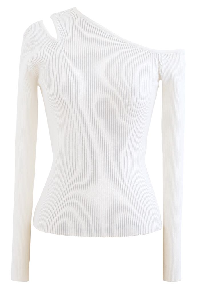 Asymmetric Cut Out Cold-Shoulder Fitted Knit Top in White