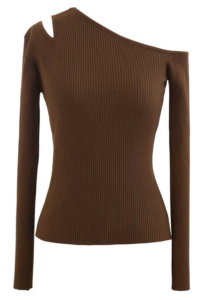 Asymmetric Cut Out Cold-Shoulder Fitted Knit Top in Brown