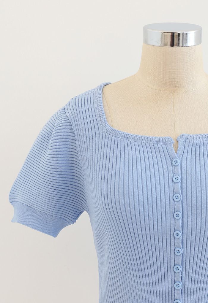Short Sleeves Button Down Fitted Knit Top in Blue