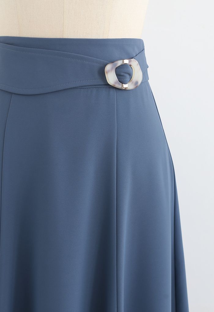 Marble Buckle Belted Flare Midi Skirt in Blue