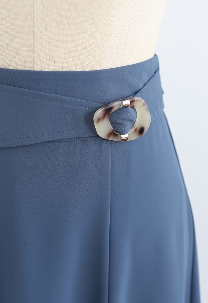 Marble Buckle Belted Flare Midi Skirt in Blue