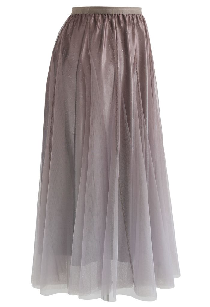 Gradient Glittery Velvet Mesh Midi Skirt in Taupe