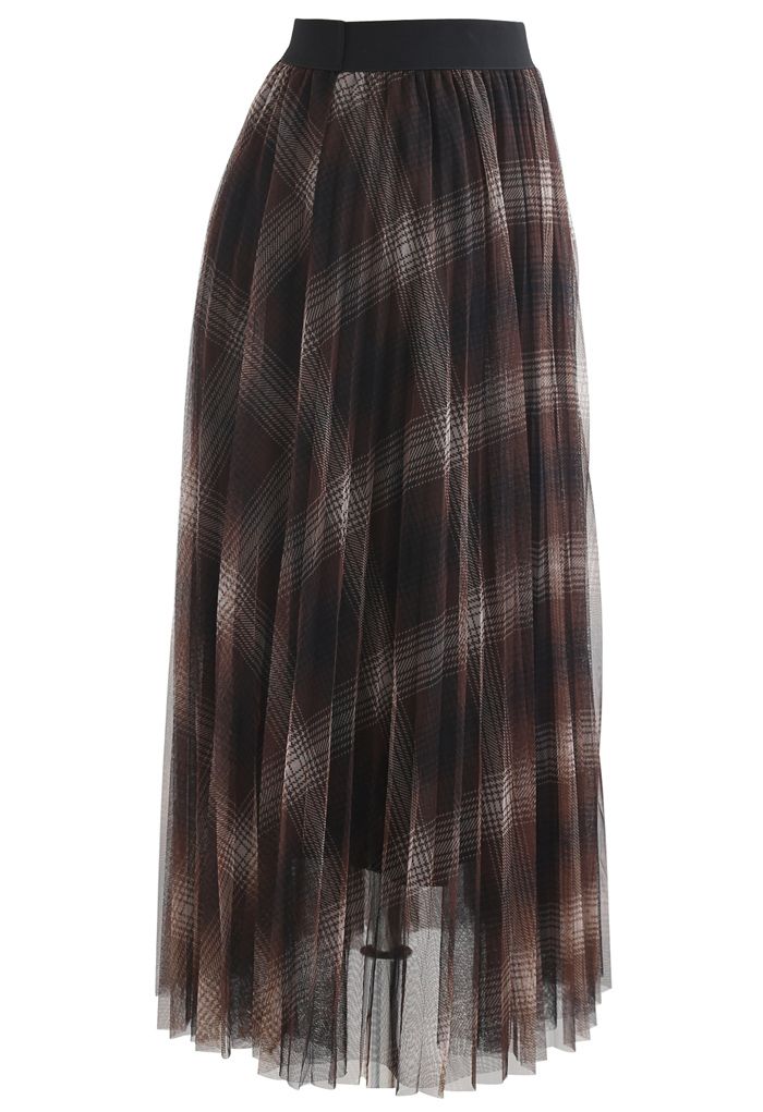 Plaid Pattern Double-Layered Mesh Tulle Midi Skirt
