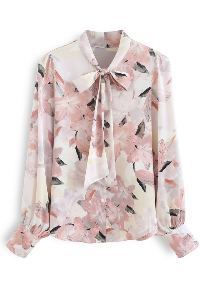 Pink Lily Blossom Watercolor Bowknot Shirt