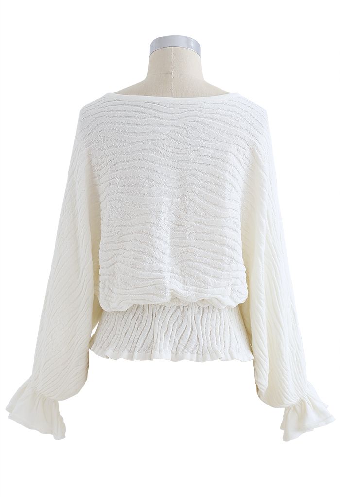Batwing Sleeves V-Neck Ruched Knit Top in White