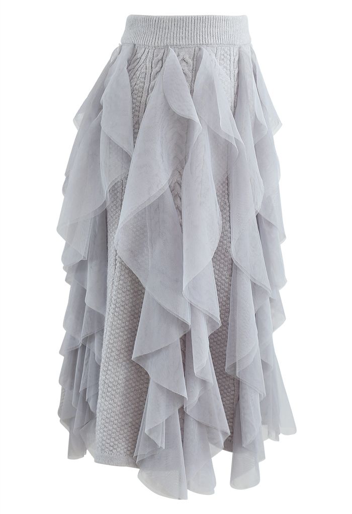 Ruffle Mesh Trim Braid Knit Midi Skirt