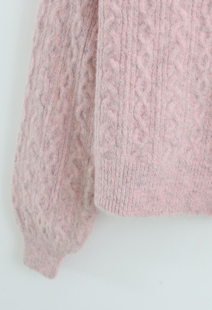 Braid Buttoned Fuzzy Knit Cardigan in Pink