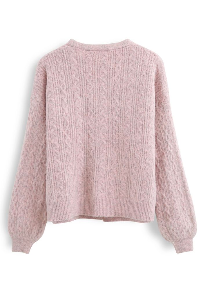 Braid Buttoned Fuzzy Knit Cardigan in Pink