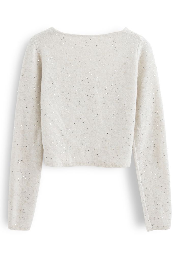 Sequins Square Neck Fluffy Crop Knit Top in Ivory