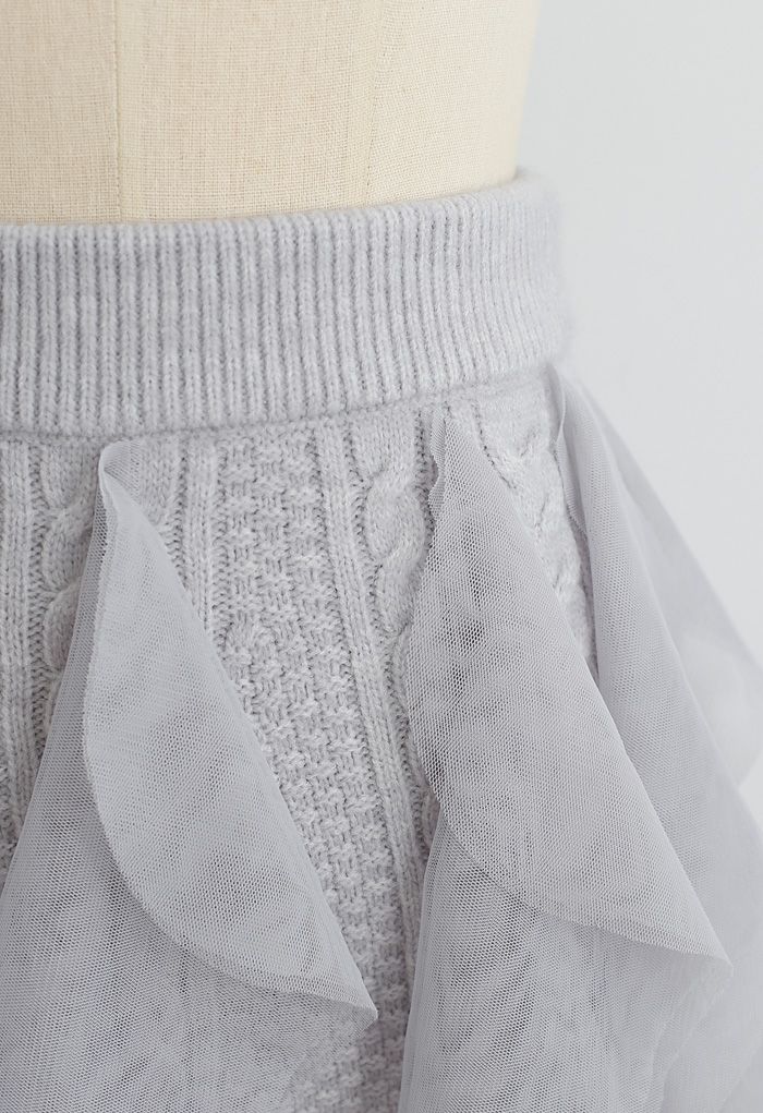 Ruffle Mesh Trim Braid Knit Midi Skirt